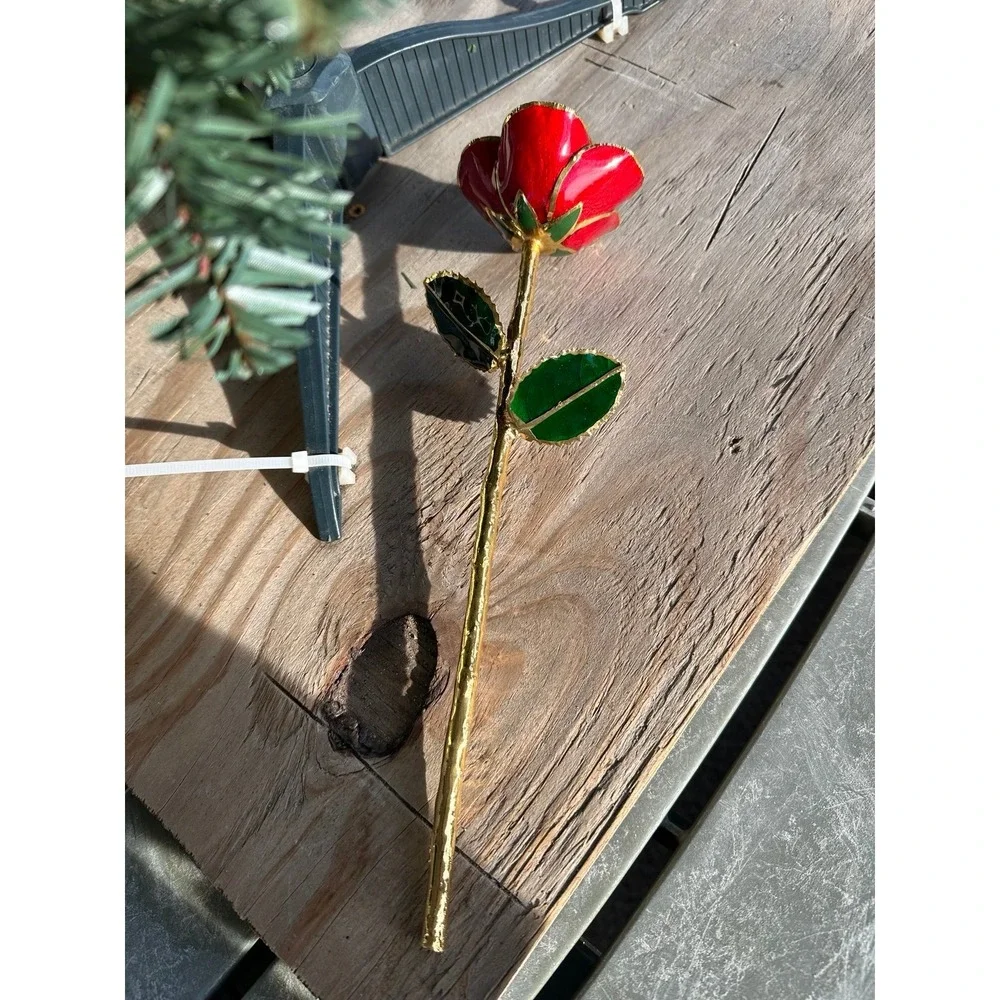 Gold Trimmed Red Rose 24K‎ Style Long Stem Enamel Flower About 11 Inches